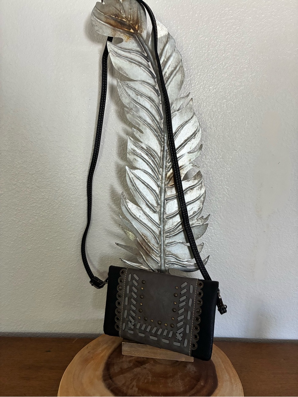 American Bling Black Leather Crossbody Bag with Decorative Front Panel